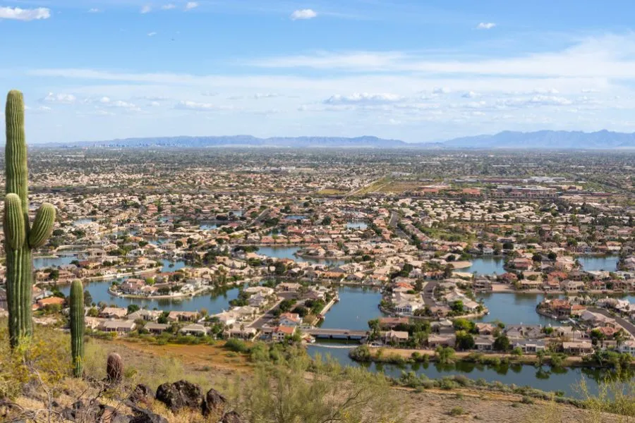 Aerial view of a Phoenix-area lake community with saguaro cactus in the foreground and mountains on the horizon